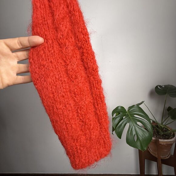 Vintage Hand Knit Red Mohair Cardigan Sweater | Fuzzy Cable Knit Button Front - Picture 8 of 12